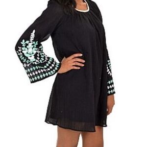 Umgee Black Gauze-like Mini-Dress, White & Teal Embroidered Bell Sleeves, Medium